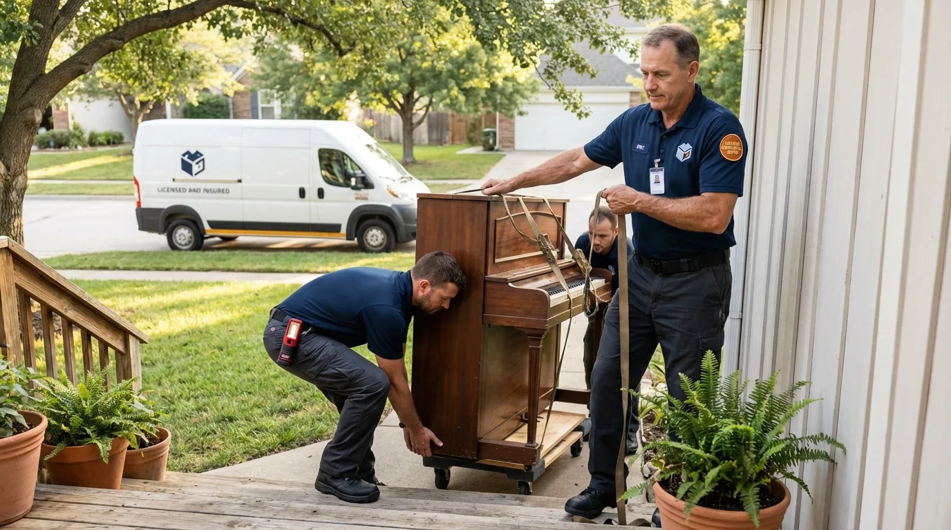 Licensed piano movers securing grand piano in Carrier Mills, IL