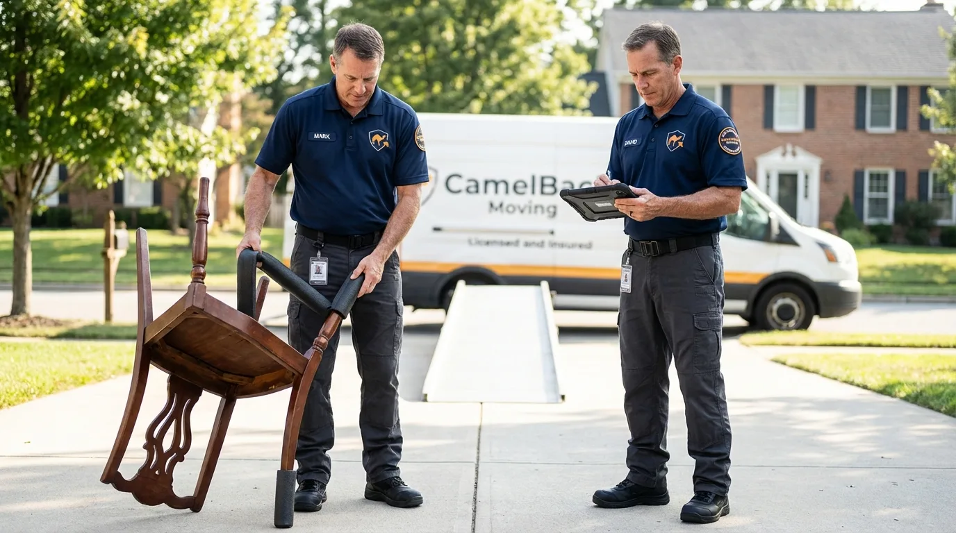 Movers inspecting furniture for damage prevention before loading in Carrier Mills, IL