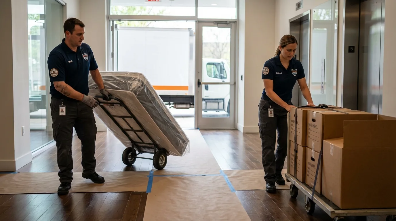 Professional apartment movers loading elevator in Carrier Mills, IL