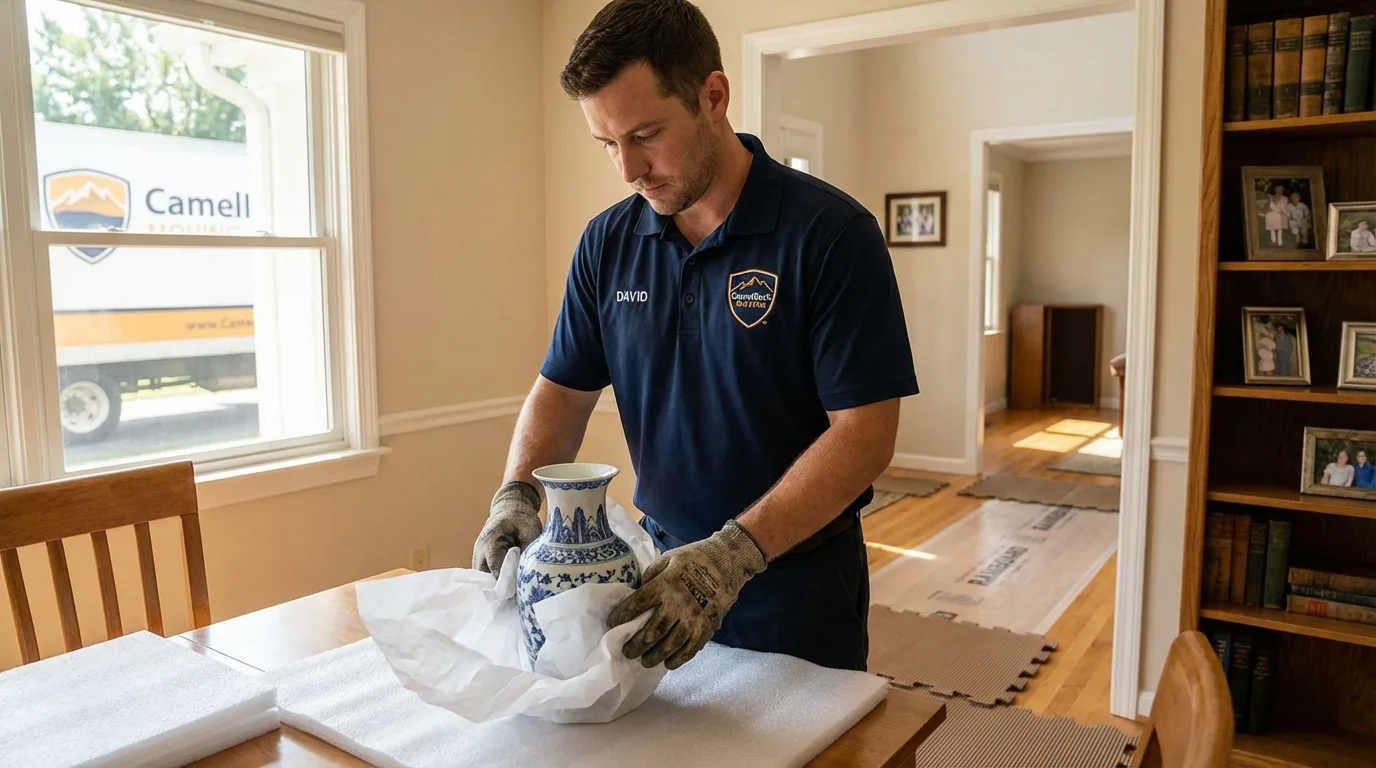 Professional crew carefully wrapping antique vase for senior downsizing move in Carrier Mills, IL