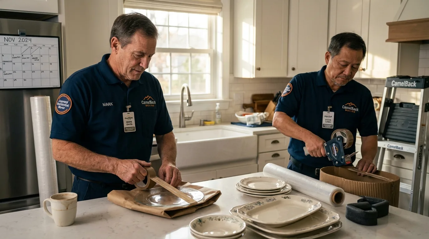 Professional crew packing kitchen dishware in Carrier Mills, IL
